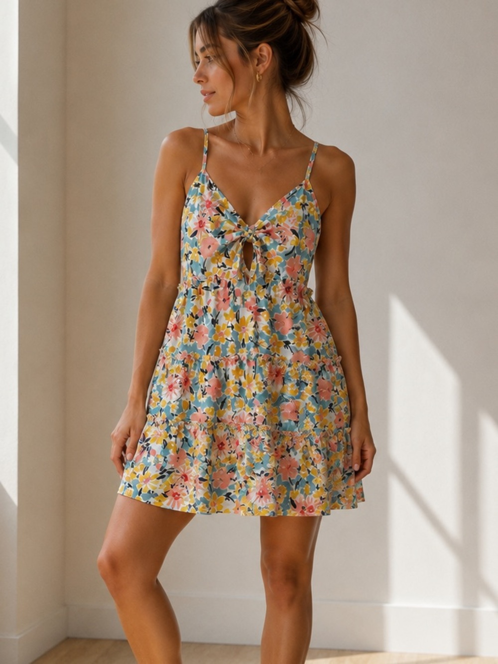 Bloomfield Floral Cutout Mini Dress Small Ruched Tie Front Smocked Back